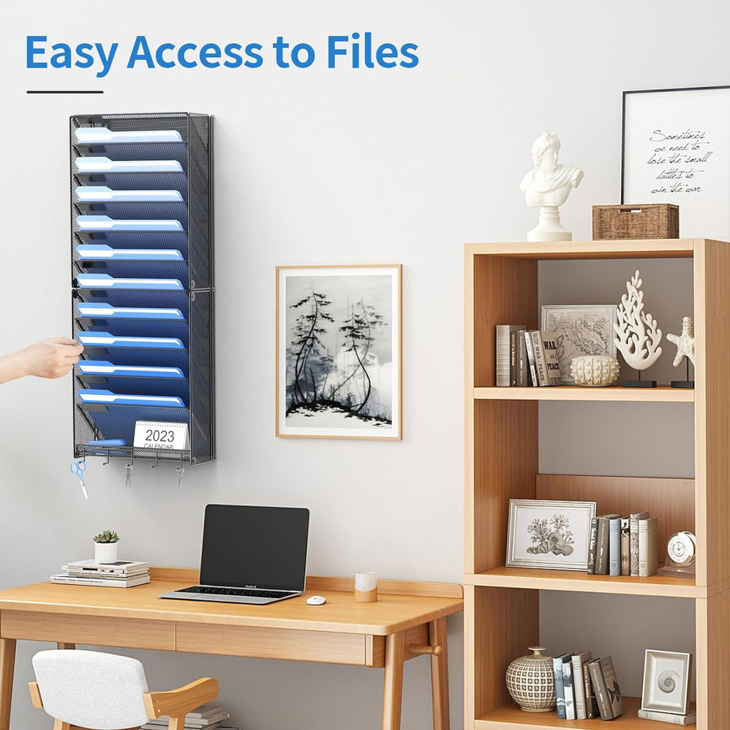 OUTWOLF Hanging Wall File Organizer with Hooks, 12 Tier Vertical Wall Mount File Holder, File Folder Wall Organizer for Office