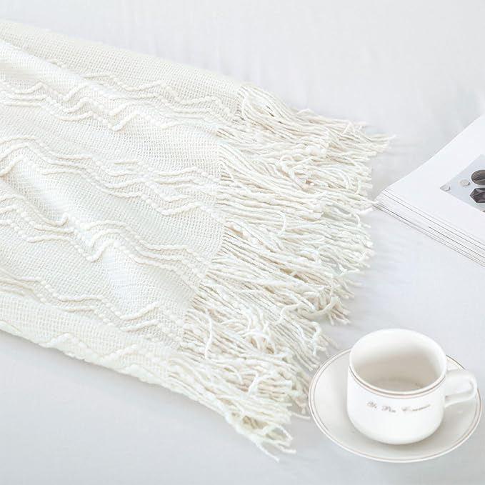 BOURINA Off White Throw Blanket 50x60 Inches Throw Textured Solid Soft Sofa - Image 6