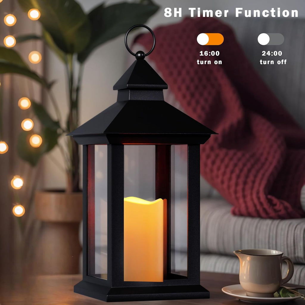 Lanterns Decorative Indoor, 2 Pack Black Decorative Flameless Candle Lanterns with Timer, Vintage 14" Waterproof Hanging Outdoor Lanterns, Battery Operated for Porch, Patio, Wedding Decor