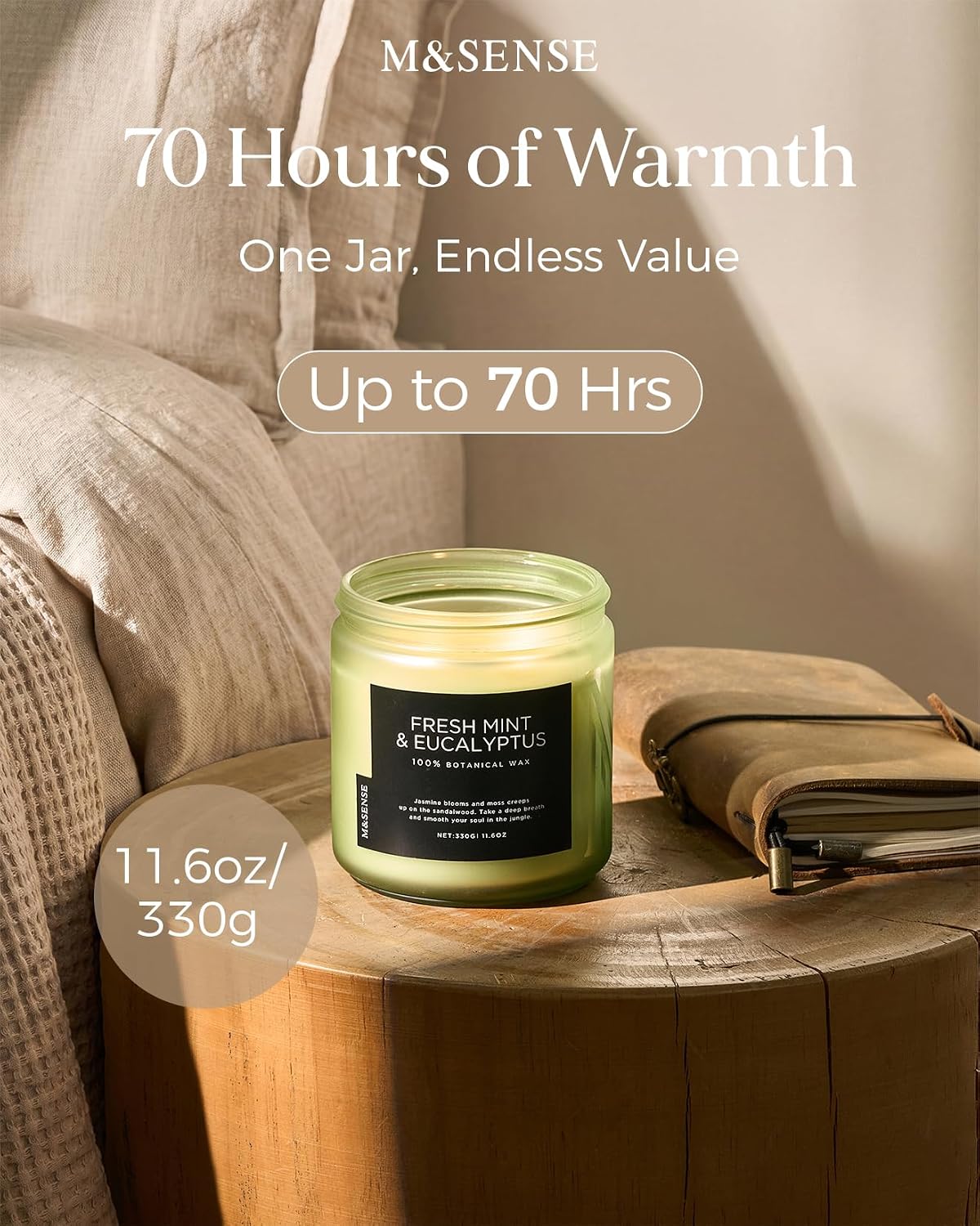 M&SENSE Eucalyptus & Mint Home Scented Candles, 11.6oz Organic Soy Wax, 70H