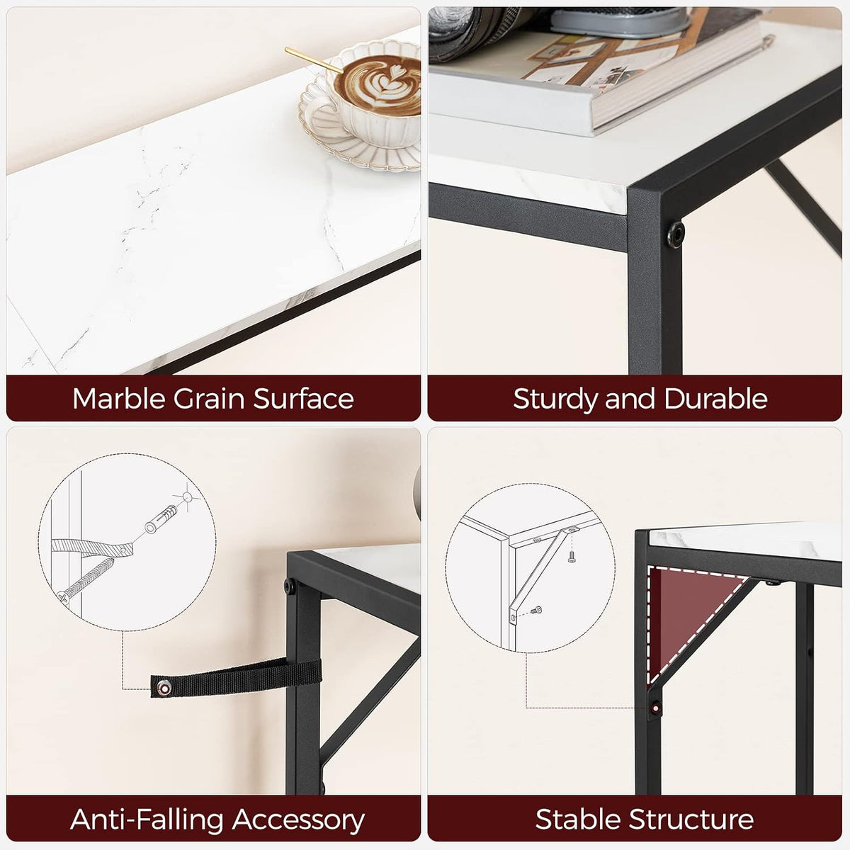 MAHANCRIS Narrow Console Table, 43.7" Sofa Table with Outlets, Marble&Black