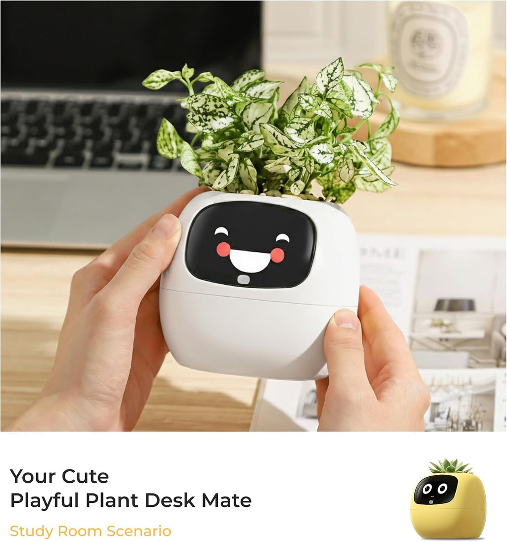 Ivy AI Smart Planter Intelligent Flower Pot for Home Decoration Plants Companion Neat Desk Setup Gift Pet Planter Robot Guidance on Plant Care with Emojis (Cream)