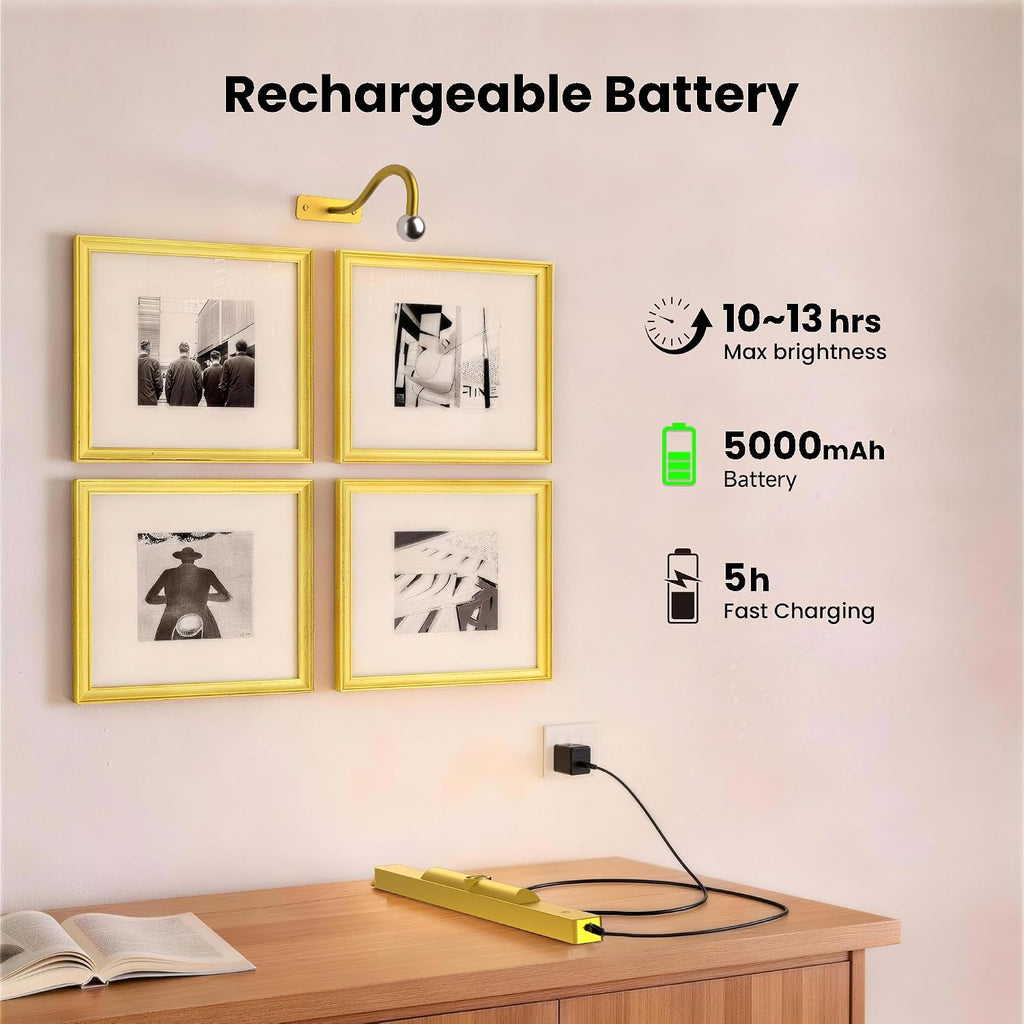 Lights for Pictures on Wall, 16in Battery Operated Picture Lights for Paintings, 5000mAh Wall Lights with Remote and 3 Light Modes,Art Light for Wall Painting,Frame, Portrait, Dartboard - Gold