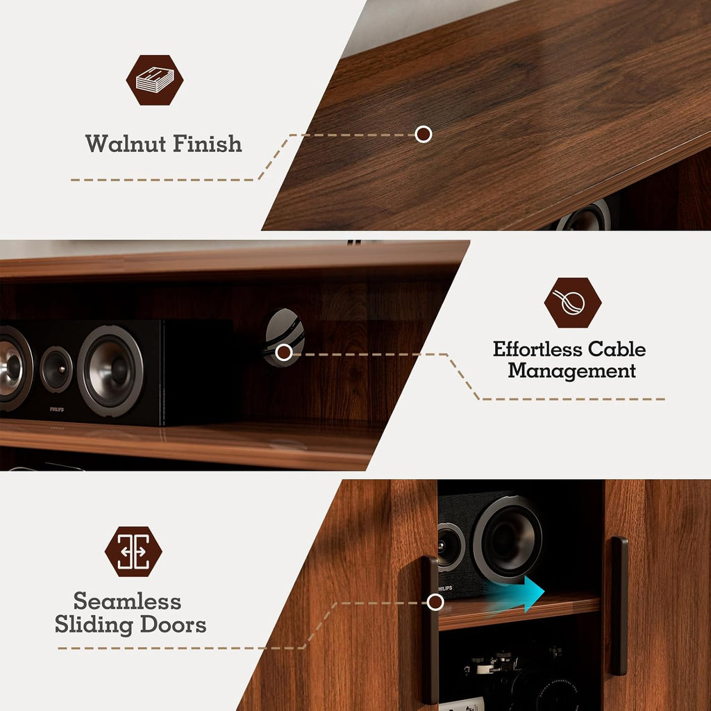 ZttRiee TV Stand with Sliding Doors for TVs up to 60", Mid-Century, Walnut