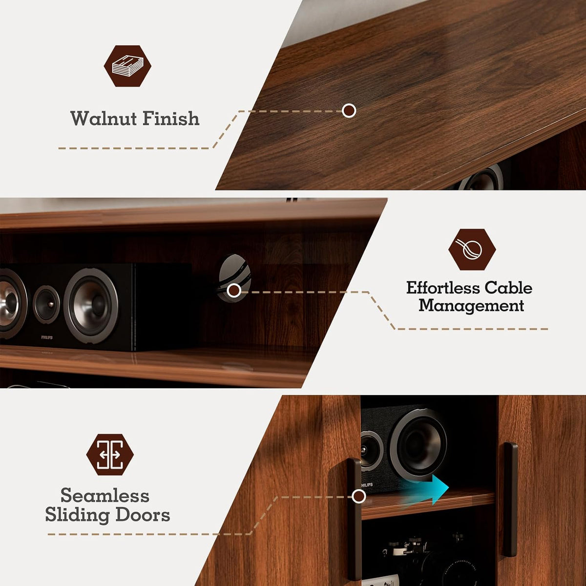 ZttRiee TV Stand with Sliding Doors for TVs up to 60", Mid-Century, Walnut