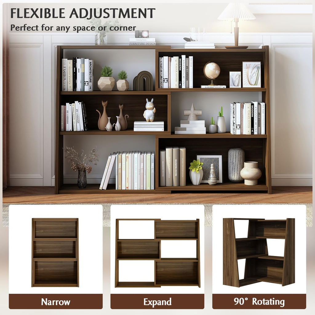 IOTXY Wooden Extendable Shelf Bookcase, 3-Tier Low Bookshelf, Walnut, L