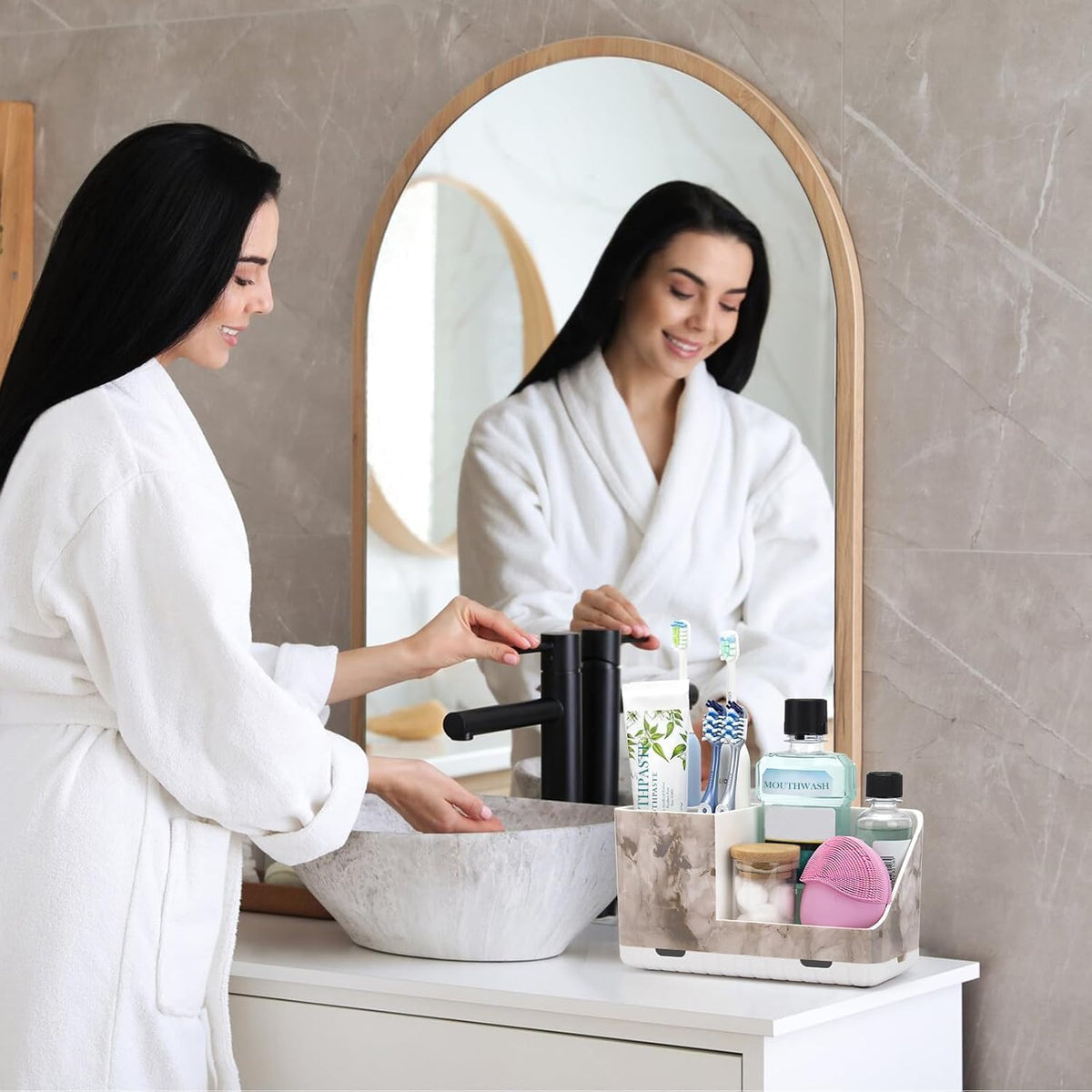 Toothbrush Holders for Bathroom Countertop Organizer (White Marble Grain)