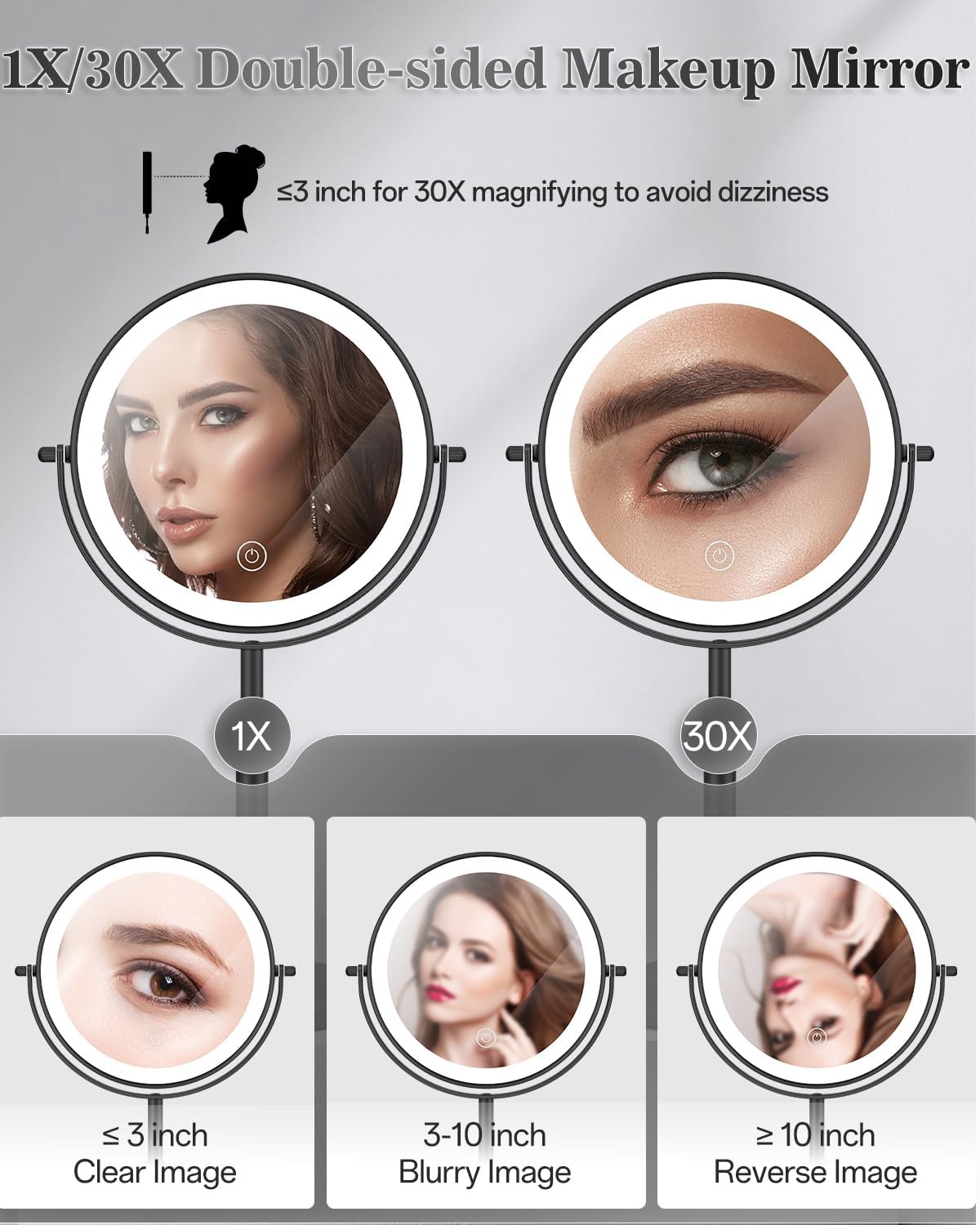 8" Lighted Makeup Mirror with Light,30X Magnifying Height Adjustable Mirror