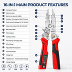 16-in-1 Wire Stripper and Crimping Tool, Foldable Wire Cutter with Rechargeable 12-250V AC/DC Voltage Tester for Hot/Neutral Checks, Home Wiring and DIY Repair (Red1)