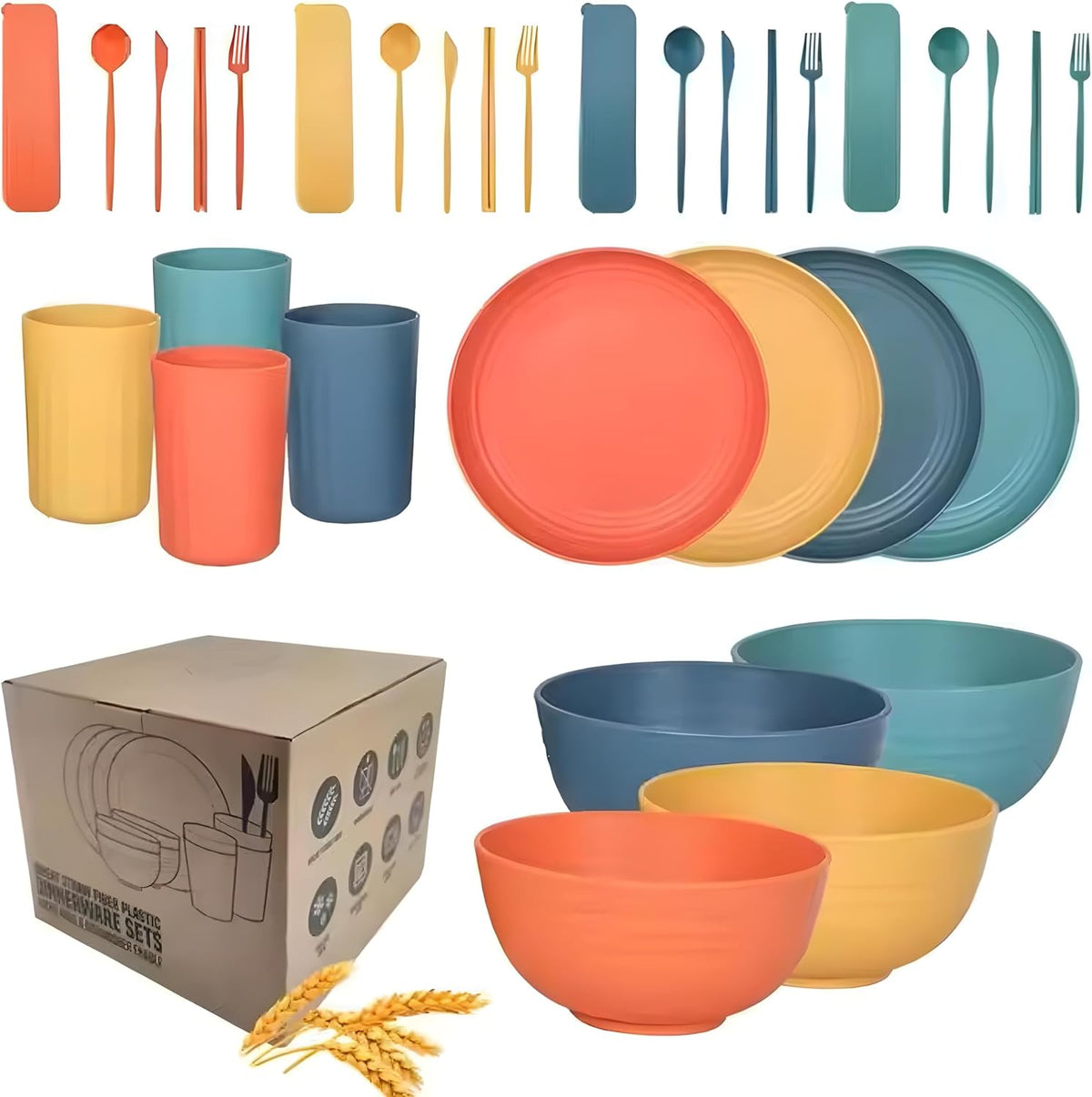 Unbreakable Wheat Straw Dinnerware Set for 4 (32 PCS) – Microwave & Dishwasher Safe – BPA-Free – Lightweight Plates, Bowls & Cups for Camping, Kids & Everyday Use