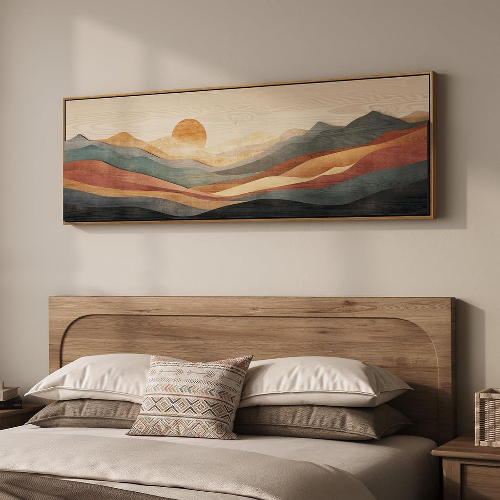 Large Framed Colorful 3D Wood Mountain Wall Art for Bedroom, 1 Piece