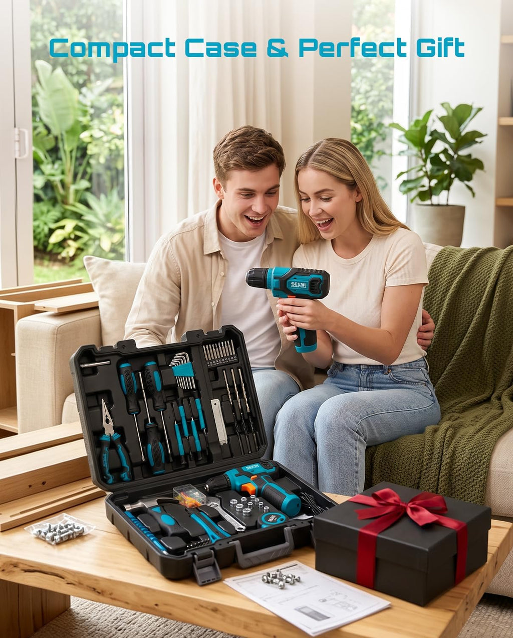 Seesii Cordless Drill Set, 108 Pcs Home Tool Kit, 12Nm Torque & Battery