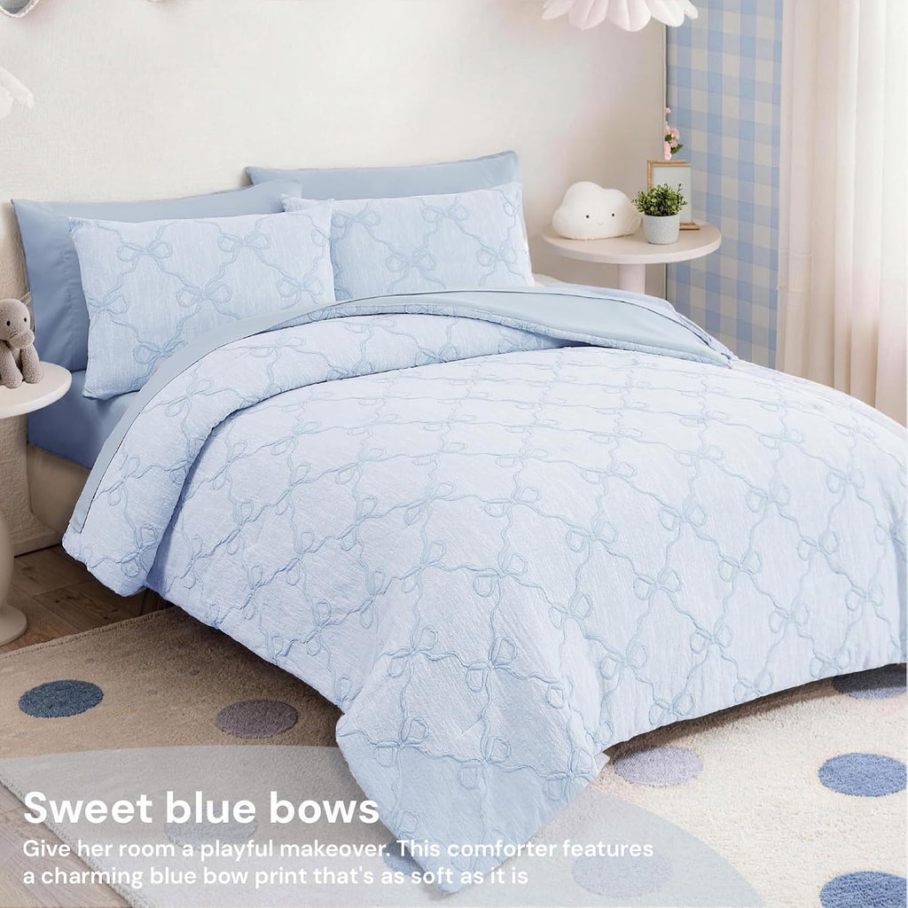 Full Size Comforter Sets for Girls - 7 Pieces Blue Bow Bed in a Bag