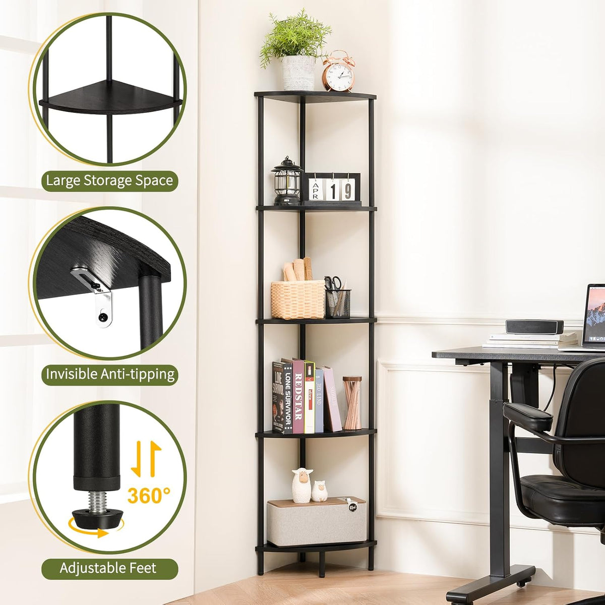 Yoobure Corner Shelf Stand, 5-Tier Bookshelf, 65" Tall Shelves for Bedroom, Living Room, Narrow Display Bookcase, Black with Display Shelves for Office