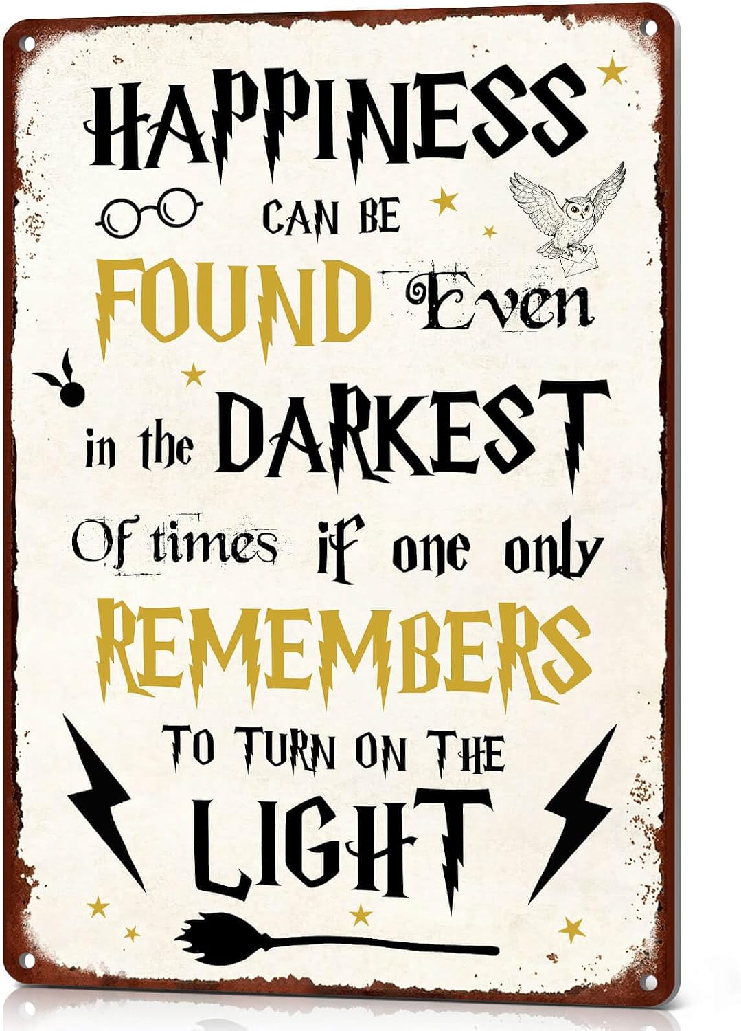 Happiness Can Be Found Even In The Darkest Metal Signs, Vintage Magic Sign for Movie Wizard Theme Lovers Office Decor Motivational Room Wall Decor, 12x8 Inches