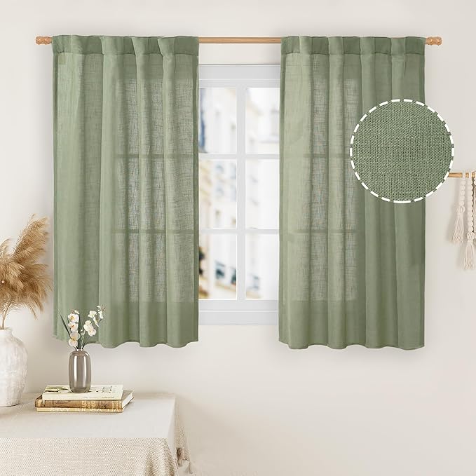 LAMIT Sage Green Linen Curtains 48 Inch Length 2 Panels, Light Filtering Panels by LAMIT