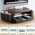 Monitor Stand Riser with Plastic Drawer and Two Pen Holders, Dark Wood Top