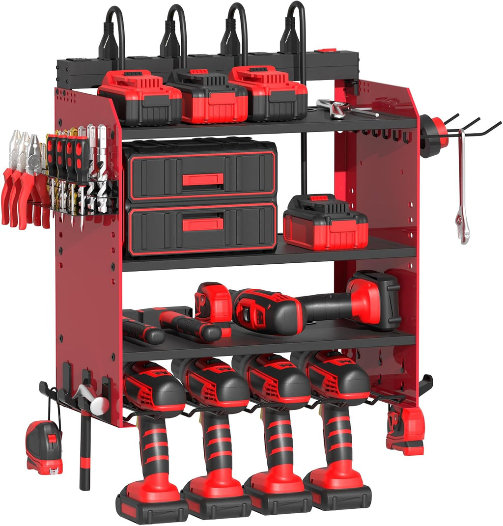 Power Tool Organizer Wall Mount with Charging Station, Garage 4 Drill Storage Shelf with Cordless Tool Holder, Heavy Duty Rack with 8 Outlet Power Strips and Hooks, Gift for Men, Husband (4 Layer)