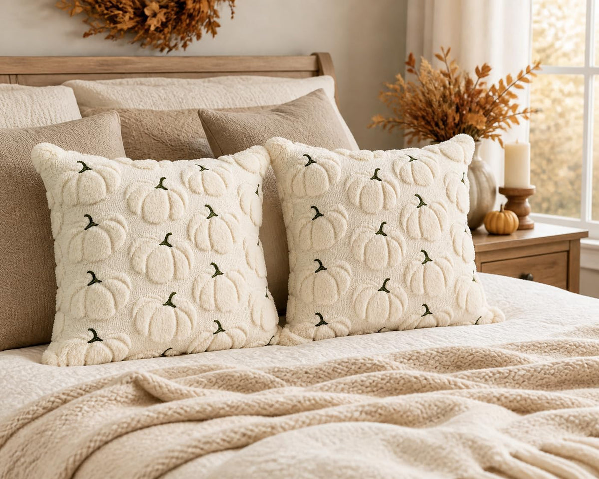 Fall Pillow Covers 18x18 Set of 2 Beige Pumpkin Decorations for Home