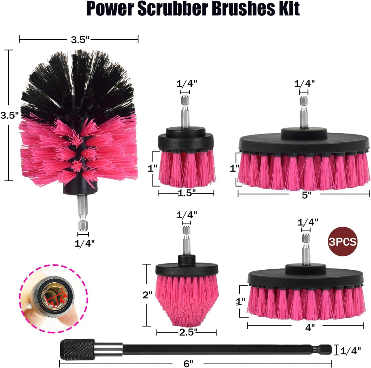 8 Pack Drill Brush Attachment Set, 1/4in Power Scrubber Brush + Extend Long Rod, Multi-Purpose Power Cleaning Scrub Brush for Bathroom, Tub, Tile, Corner, Floor(Hot Pink)