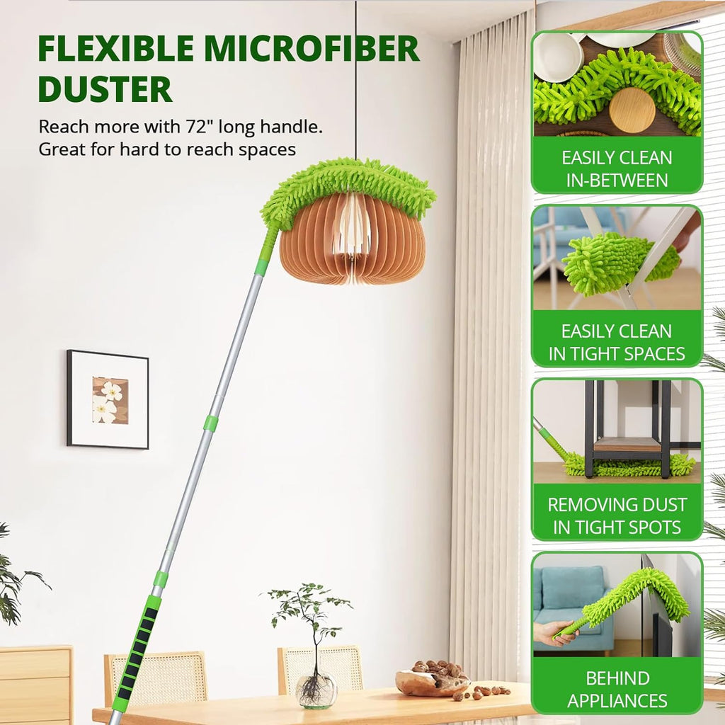 Ceiling Fan Cleaner Duster with 6 Ft/72'' Extension Pole High Ceiling Fan Blade Cleaning Tool Microfiber Duster Reusable Pads for Cleaning Ceiling Fan, Baseboard, Blind, Cobweb, Molding