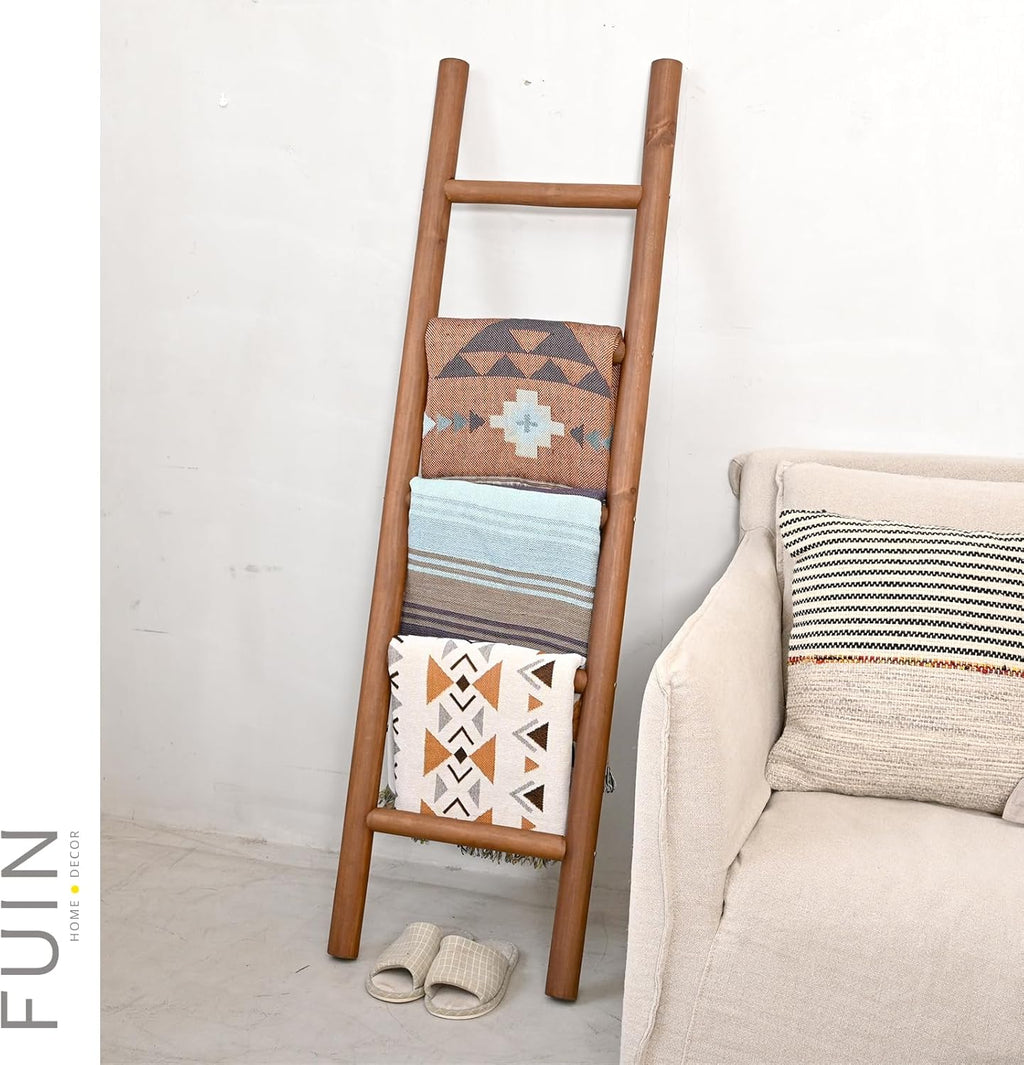 FUIN Blanket Ladder, 57in Rustic Solid Wood Decorative Ladder, Dark Brown