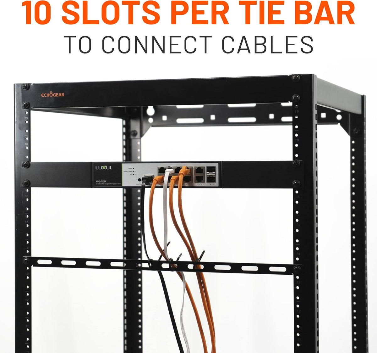 ECHOGEAR Rack Cable Management Tie Bar Kit - Includes 4X 1U Tie Bars, 24 Zip Ties, 8 Cage Nuts, & 8 Screws - Works with 19" Open Frame Racks & Enclosures