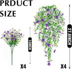 Artificial Flowers for Outdoors,8PCS Hanging Outdoor Faux Plants,UV Resistant Fake Flowers for Outdoor Planters,Realistic Fake Plants Spring Decor for Porch,Patio,Yard (PurpleWhite)