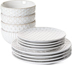 LE TAUCI Ceramic Dishes Set for 4, 12 Piece Plates and Bowls Sets, Embossed Kitchen Dinnerware Sets, Chip Resistant, Microwave & Dishwasher Safe, Arctic White (8"&10" Plate, 26oz Bowl)