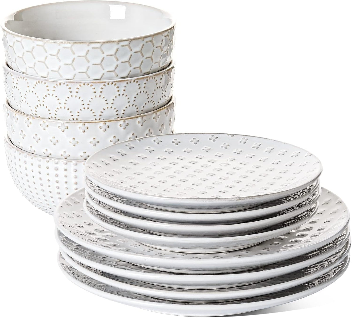 LE TAUCI Ceramic Dishes Set for 4, 12 Piece Plates and Bowls Sets, Embossed Kitchen Dinnerware Sets, Chip Resistant, Microwave & Dishwasher Safe, Arctic White (8"&10" Plate, 26oz Bowl)