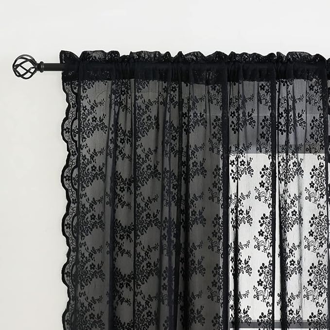 YJ YANJUN Vintage Lace Curtains 96 Inches Long Victorian Floral Gothic Black - Image 2