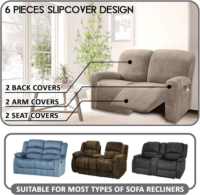 ULTICOR Reclining Love Seat Sofa Cover, 48-65'' L, Velvet Stretch - Image 2