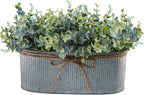 Winlyn Artificial Eucalyptus Arrangement in Rustic Oval Galvanized Metal Planter Box Faux Eucalyptus Bush Greenery Potted Plants for Farmhouse Indoor Home Office Table Centerpiece Kitchen Décor