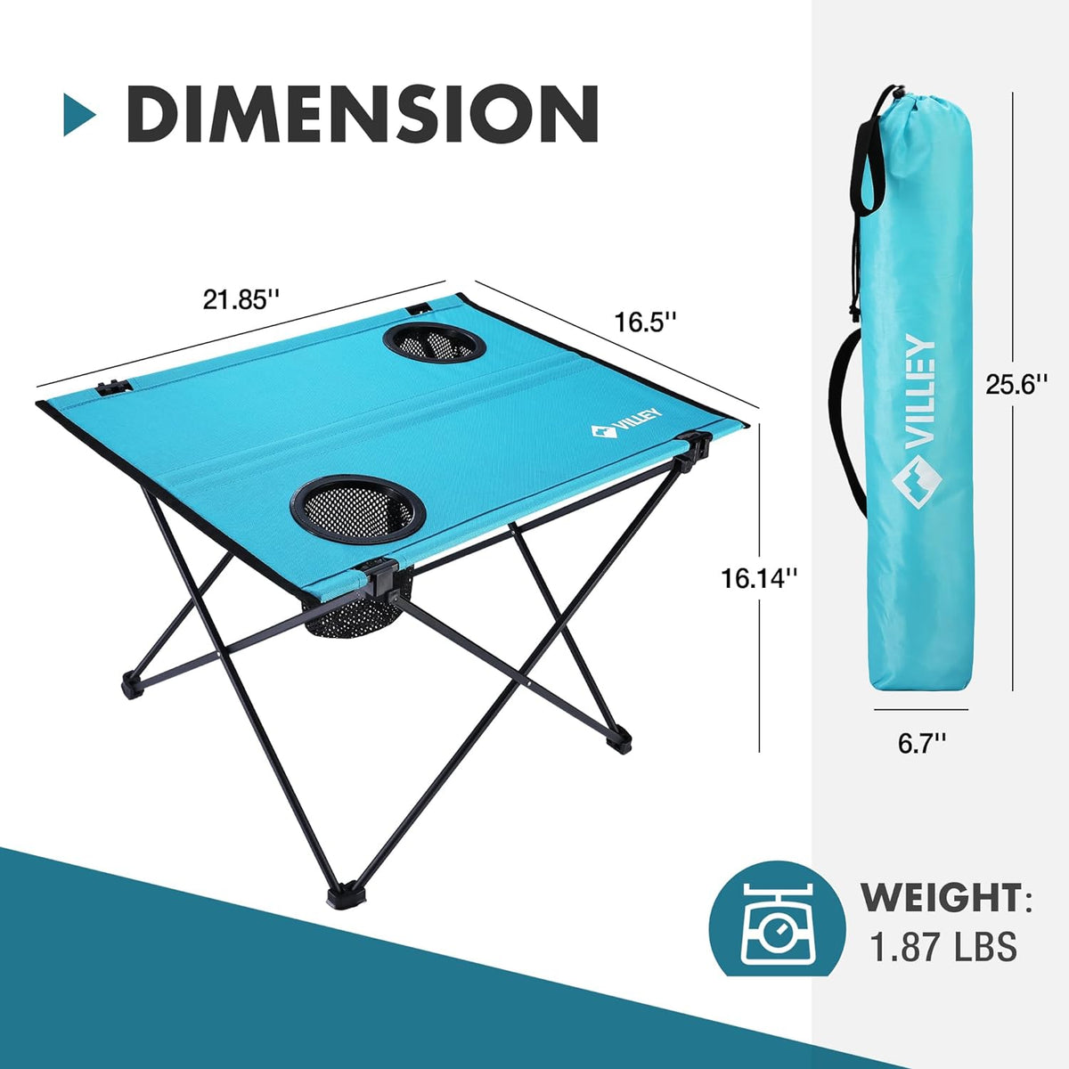 VILLEY Folding Camping Table, Portable Table with 2 Cup Holders, Small