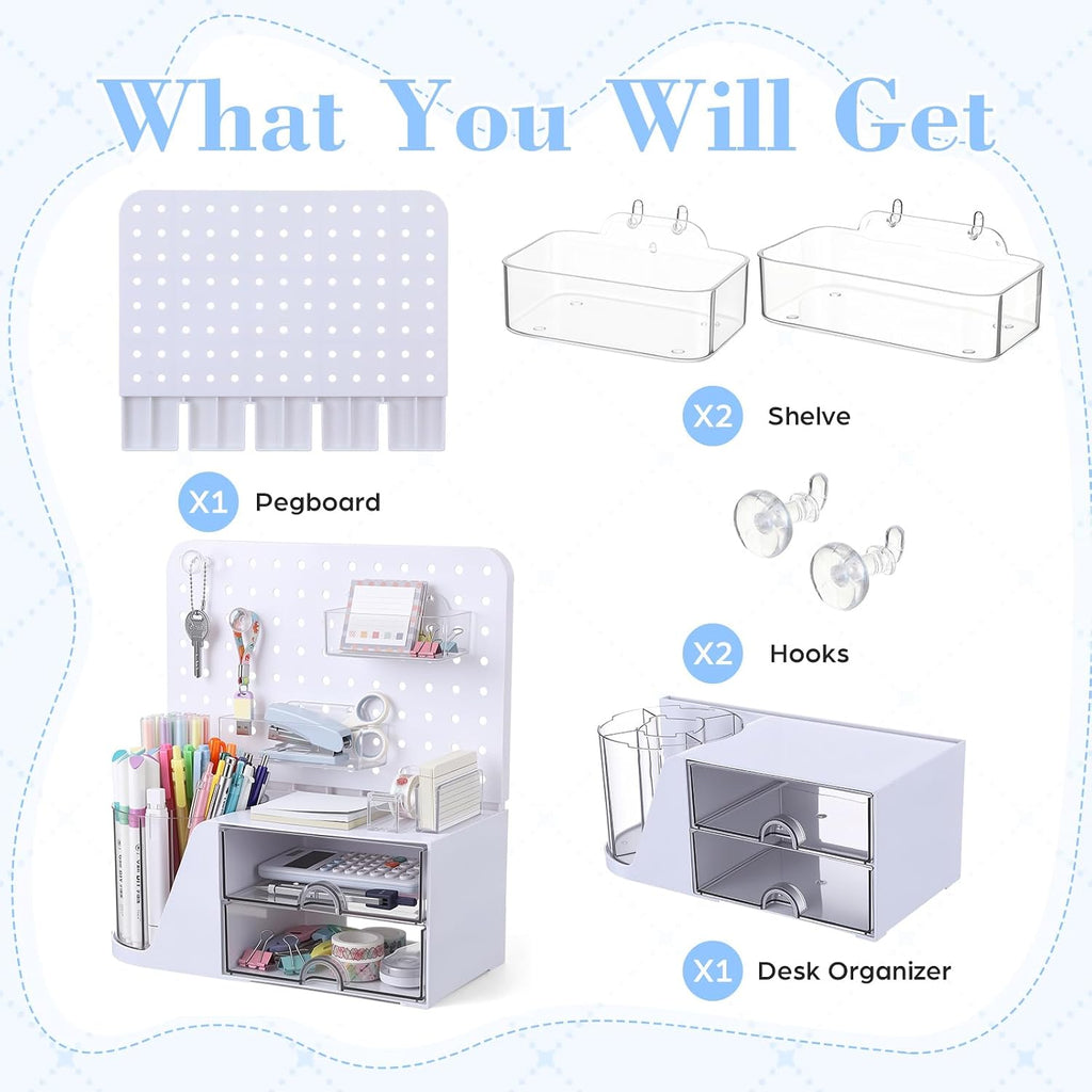 Desk Organizer with Drawers, White Rotating Pen Holder 5 Slots & Pegboard