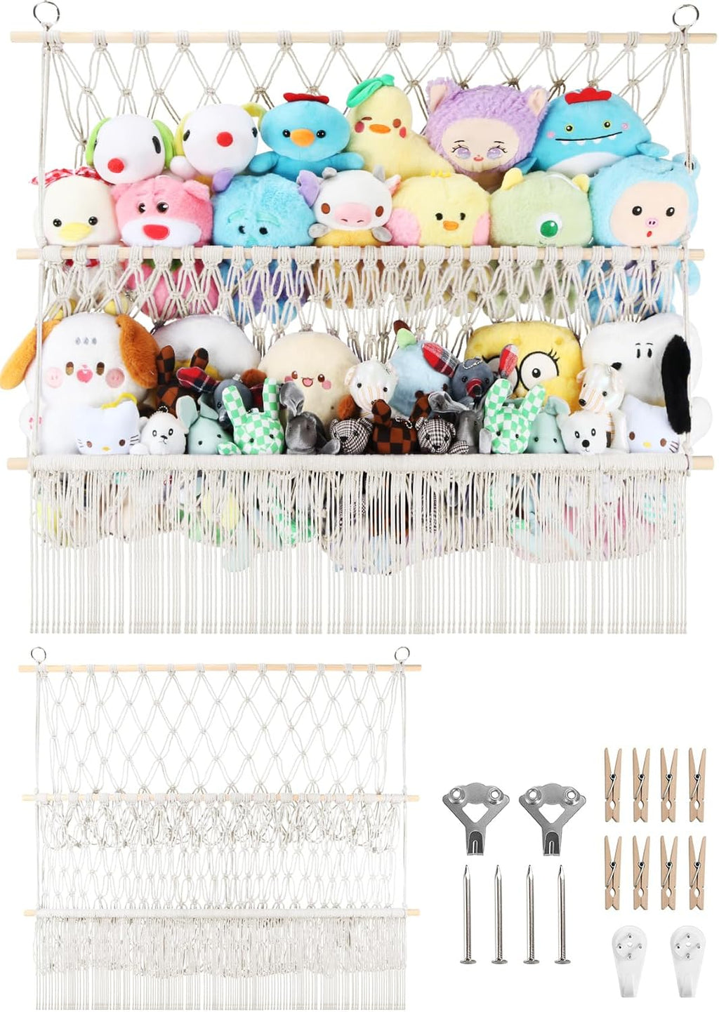 2 Tier Stuffed Animal Storage Shelf Net, 35x30'' Large Plushie Net Beige