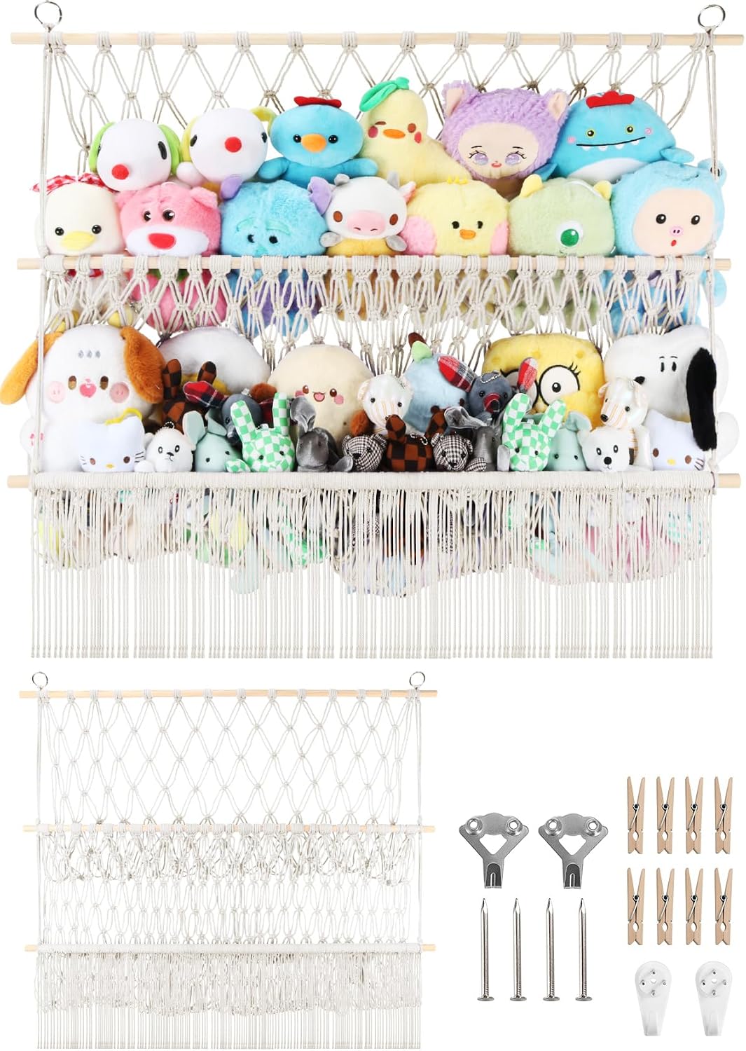 2 Tier Stuffed Animal Storage Shelf Net, 35x30'' Large Plushie Net Beige