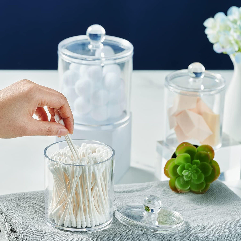 6 Pack Acrylic Qtip Holder with Labels, Qtip Jars for Bathroom