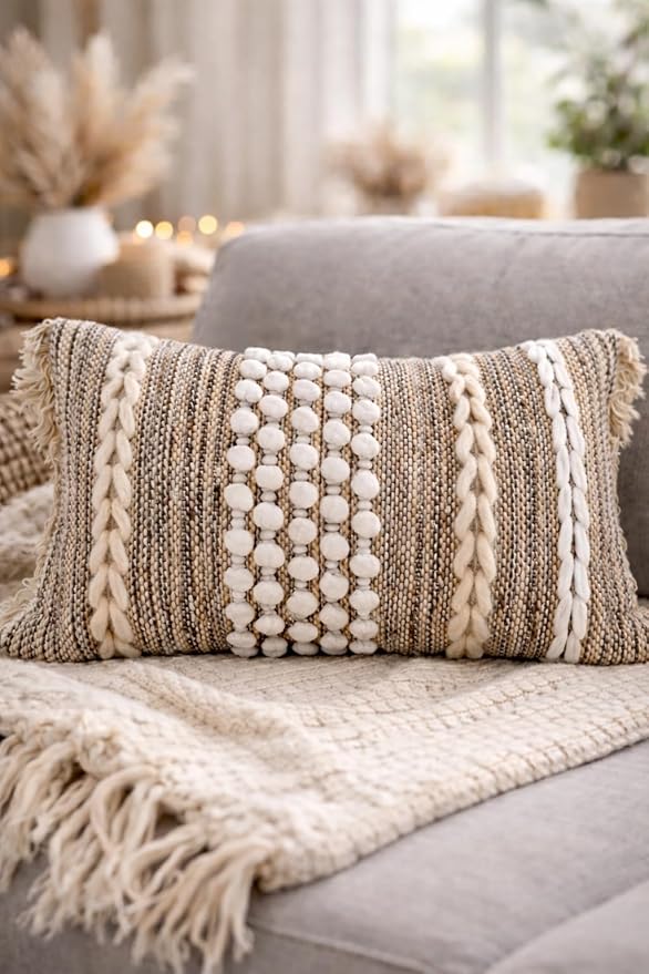 Decorative Boho-Chic Lumbar Pillow Cover 12x20 Premium Handwoven Tufted Cotton by Cozydeko