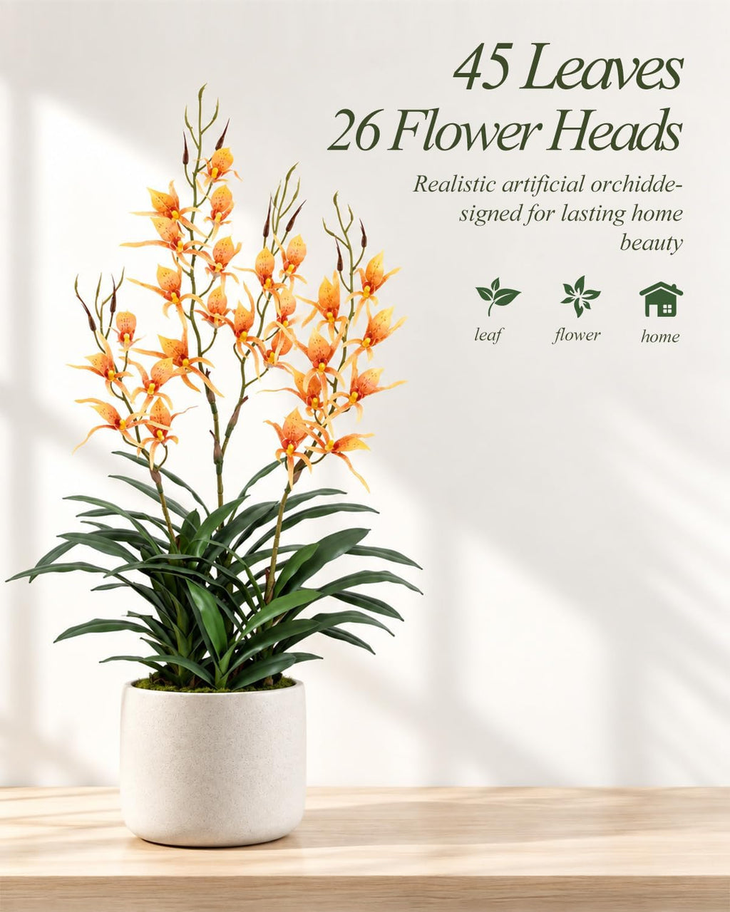 Artificial Dendrobium Orchid with Black Pot, Orange-Red Fake Orchid, Fake Plants for Dining Room, Farmhouse & Fall Harvest Decor, Set of 1