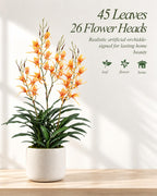 Artificial Dendrobium Orchid with Black Pot, Orange-Red Fake Orchid, Fake Plants for Dining Room, Farmhouse & Fall Harvest Decor, Set of 1