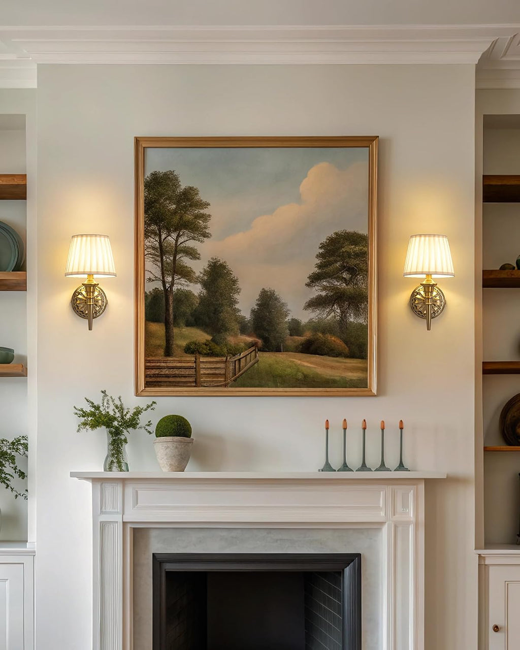 KDG Cordless Gold Wall Sconces Set of 2, Beige Fabric Lampshde Wall Lamps