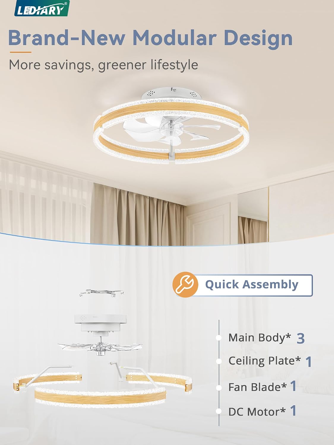LEDIARY Ceiling Fans with Lights and Remote, 20'' Low Profile Ceiling Fan with Light, 3000-6000K Dimmable Fandelier Ceiling Fans, Modern Flush Mount Fan Light for Bedroom with 6 Wind Speeds-Wood Grain