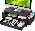 ECOLOVI Desk Organizer and Accessories, 2-Tier Computer Monitor Stand Rise with Storage Drawer & 2 Pen Holders, Laptop & Printer Stand for Desktop, Workspace Organizers for Office Supplies (Black)