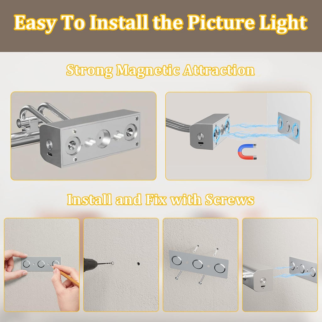 Picture Light for Wall, RF Remote, USB Charging Platinum Silver