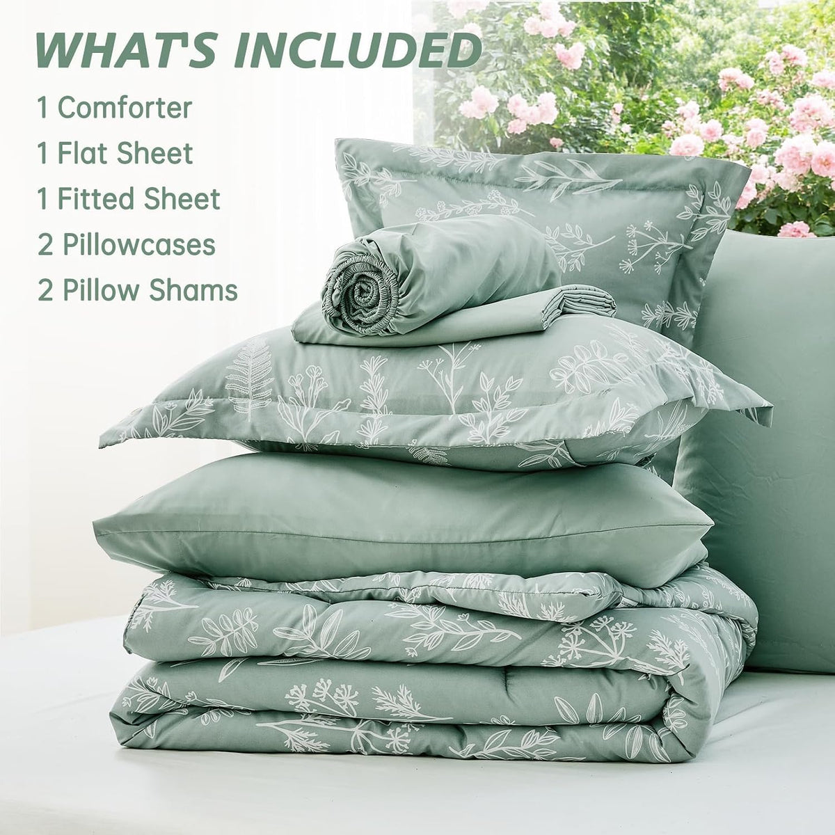MUXHOMO Queen Comforter Set, 7-Piece Floral Bed in a Bag, Sage Green