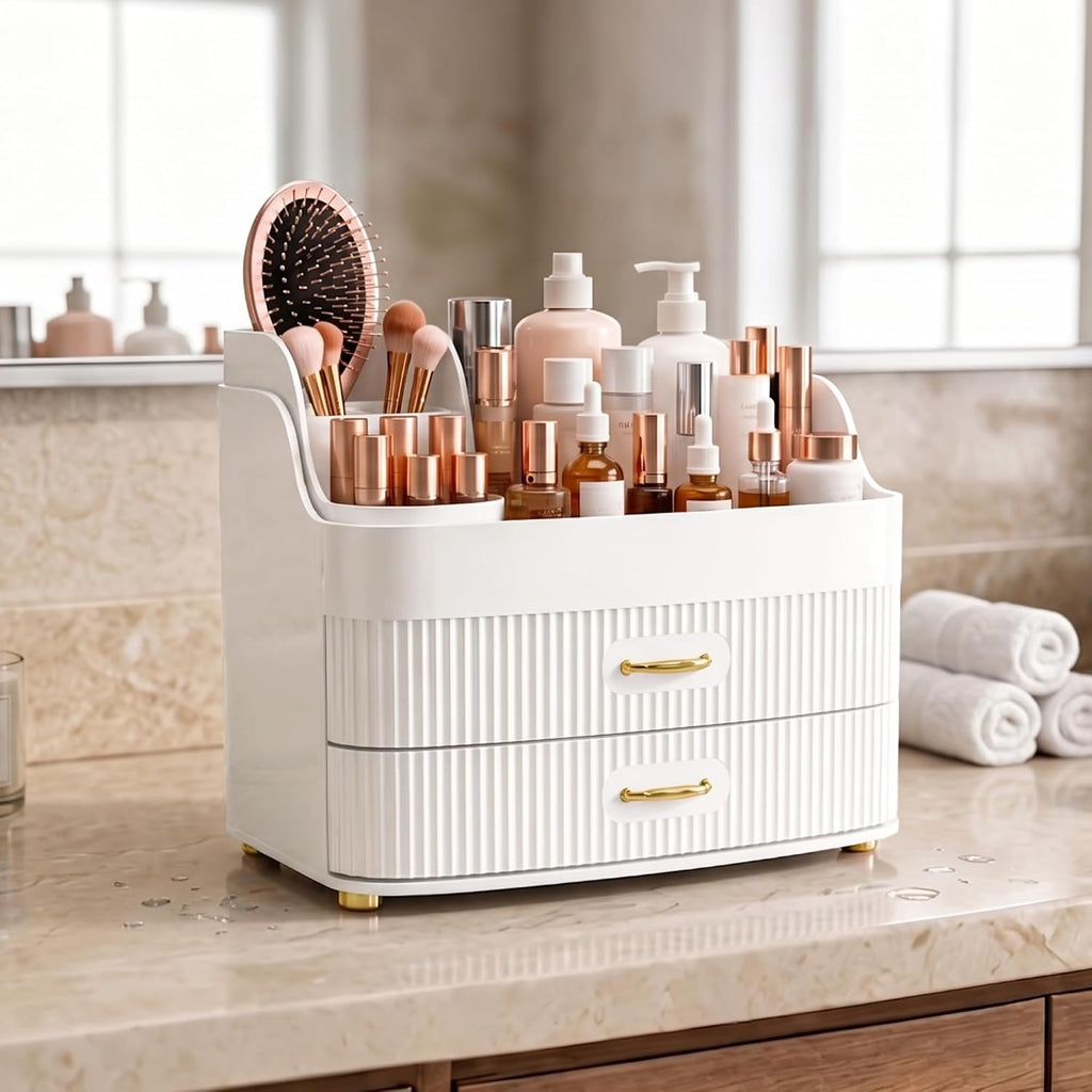 Makeup Organizer for Countertop Vanity Skincare Storage for Perfume Lipstick Bathroom Dresser Desk with Drawers And Brush Holder (White)