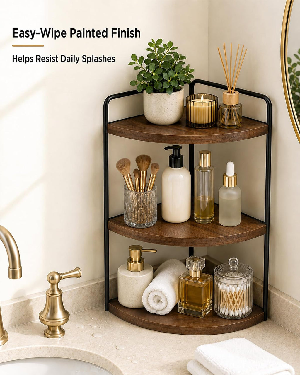 3-Tier Corner Bathroom Counter Organizer, Pine Vanity Shelf, Warm Walnut