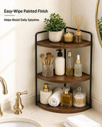 3-Tier Corner Bathroom Counter Organizer, Pine Vanity Shelf, Warm Walnut