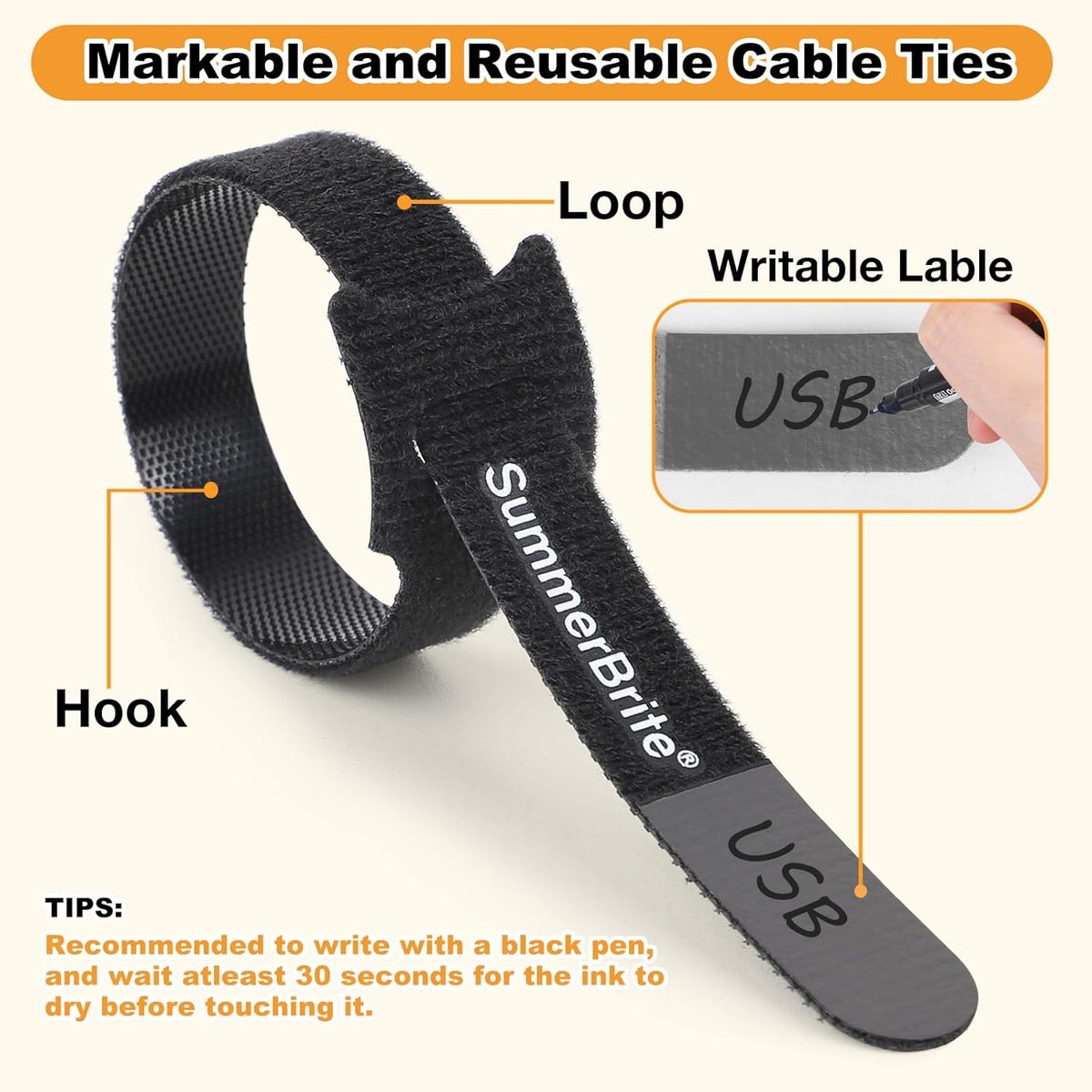 Cable Ties with Writable Labels, Cord Management, Black, 70 PCS, 8 IN
